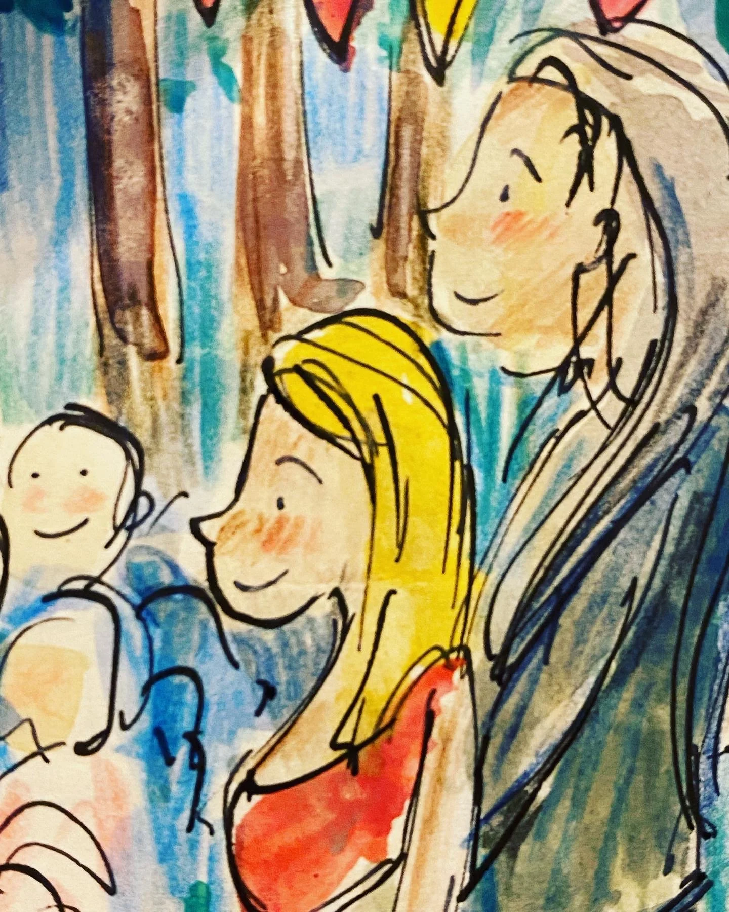 in a crowd. it is a loose watercolour and ink illustration.