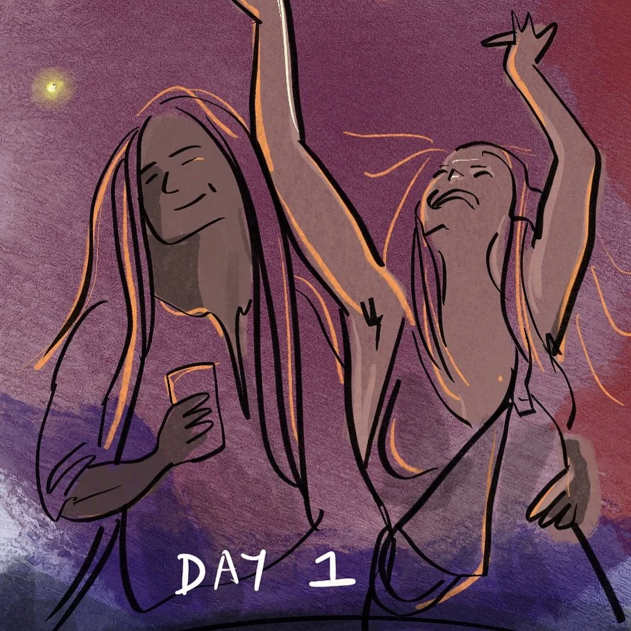 two long haired people are dancing against a night sky