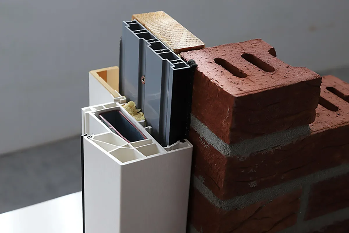 Cross-section of a window frame installed next to stacked red bricks with concrete mortar.