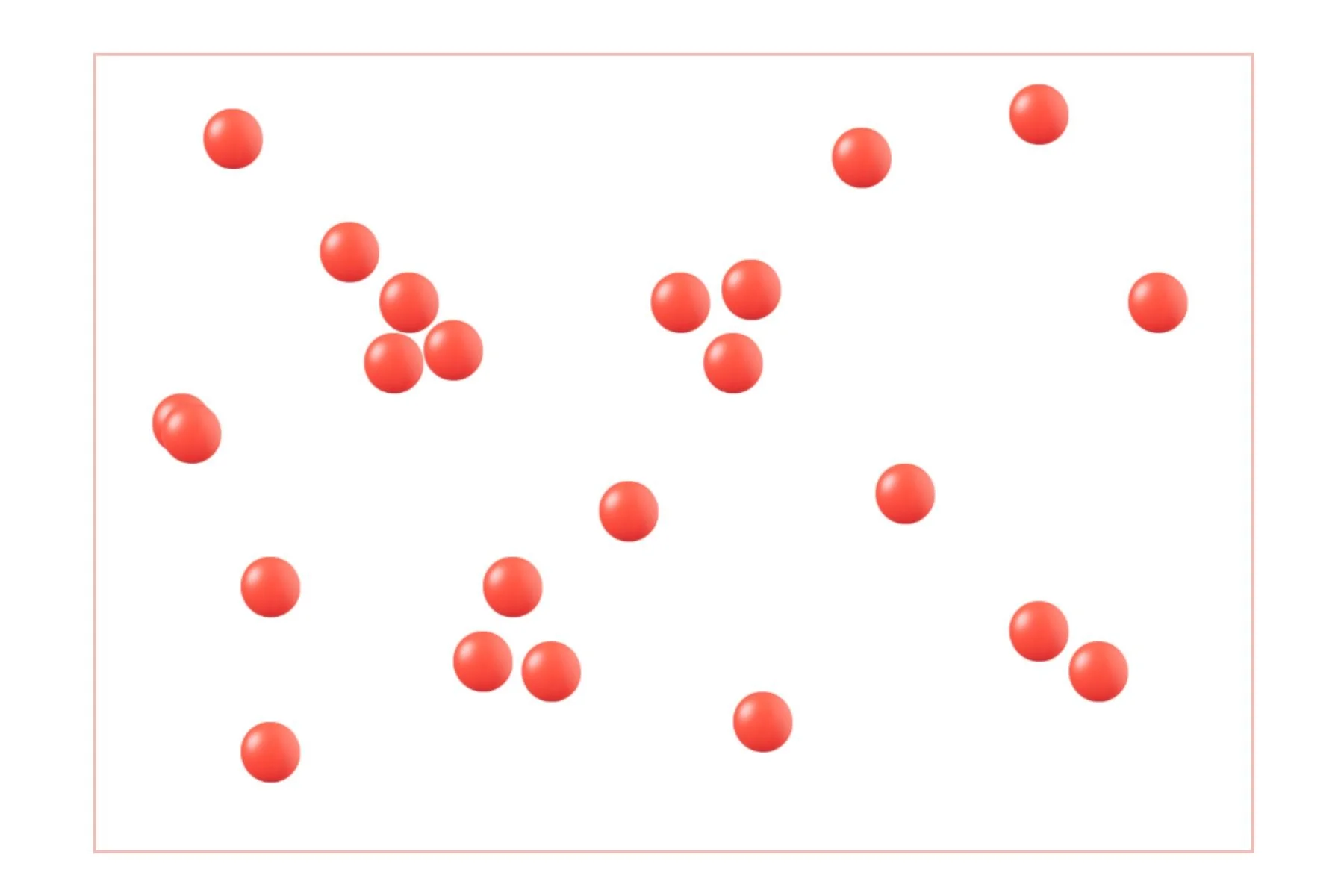 Illustration of particles or molecules suspended in a space, depicted as red spheres scattered randomly.