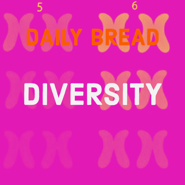 A vibrant pink background with overlaying pattern of peach-colored bowties. The text reads 'DAILY BREAD' in uppercase orange-red letters and 'DIVERSITY' in bold white uppercase letters.