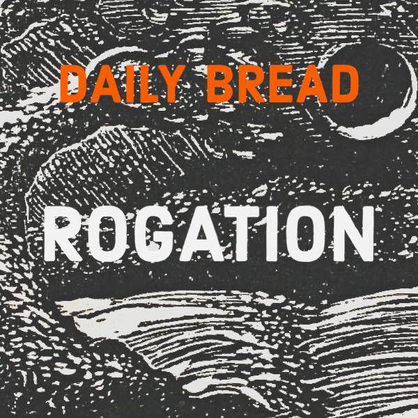Black and white illustration with the words 'Daily Bread' in orange and 'Rogation' in white, over a background of a detailed drawing of a snake with a coiled body and a visible eye.