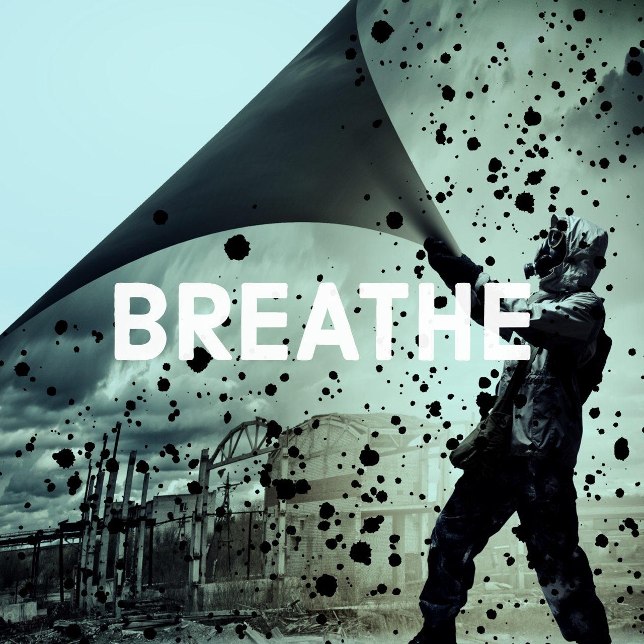 A person in protective gear holding a large black flag against a dark, cloudy sky with the word 'BREATHE' overlaid.