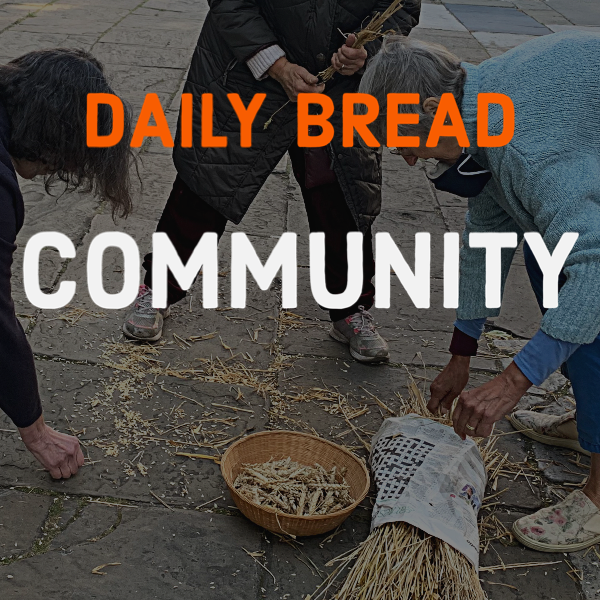 People gathering on a paved street, setting up or organizing wheat stalks and bread in a basket, with text overlay that reads 'Daily Bread Community'.