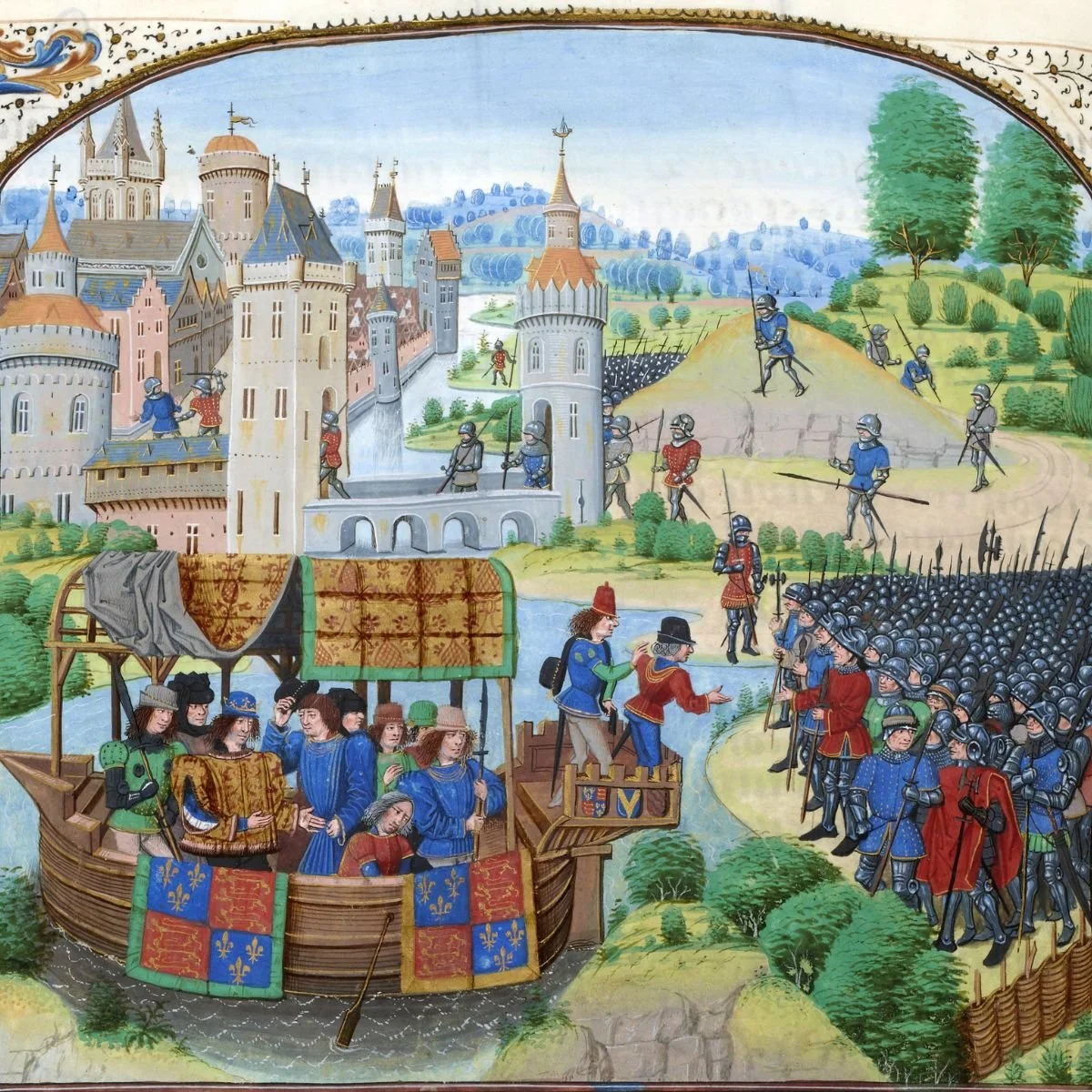 15th century illustration of a court on a boat. The boy-king Richard II meets the rebels on 14th June 1381.