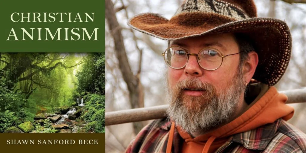 Close-up of Shawn Sanford Beck with glasses and a grey beard wearing a hat and a checked jacket, outdoors with a blurred background of trees. There is a image of his book 'Christian Animism' next to him.