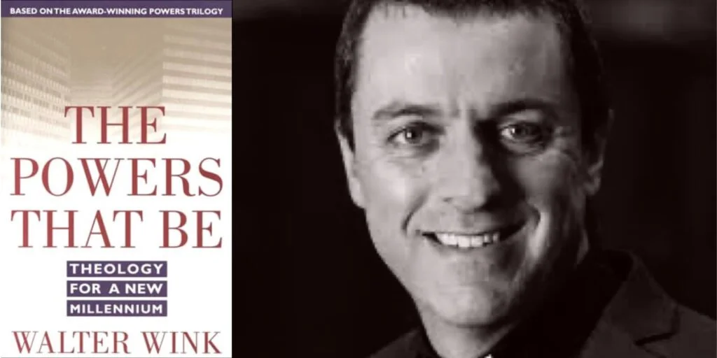 Cover of a book titled 'The Powers That Be: theology for a new millennium' by Walter Wink. There is another image of a close up of Rev Simon Woodward smiling.