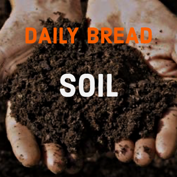 Hands holding dark soil with text overlay 'Daily Bread' in orange and 'Soil' in white.