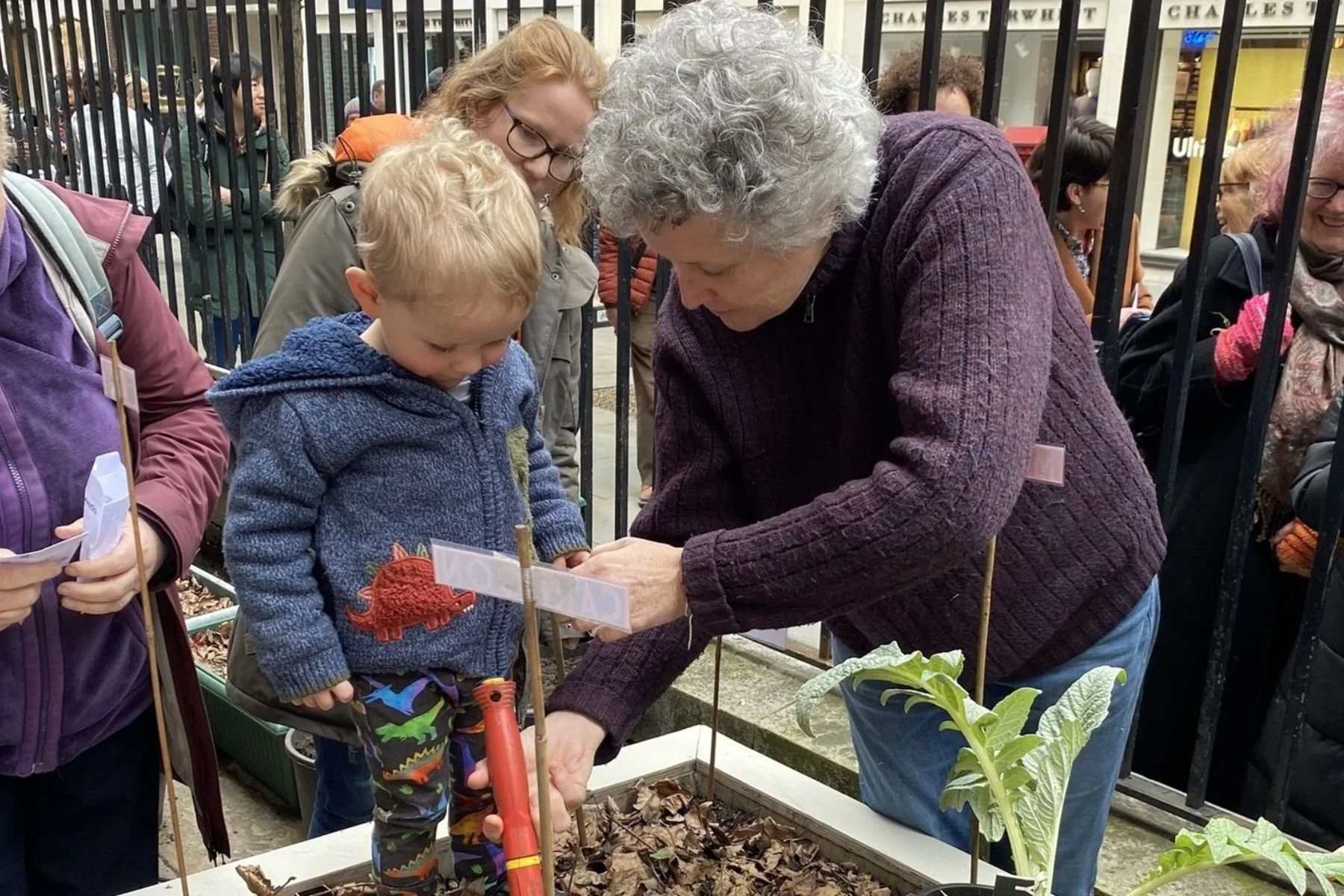 A woman helps a toddler plant seeds in a large raised planter, during the launch of the Food For the Ecozoic garden. The toddler wears wellies and stands in the planter.