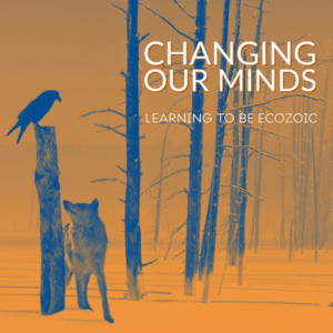 Silhouette of a raven perched on a tree branch, a wolf standing on the ground, and a forest scene with bare trees in an orange and blue color scheme, with text 'Changing Our Minds: Learning to Be Ecozic'.