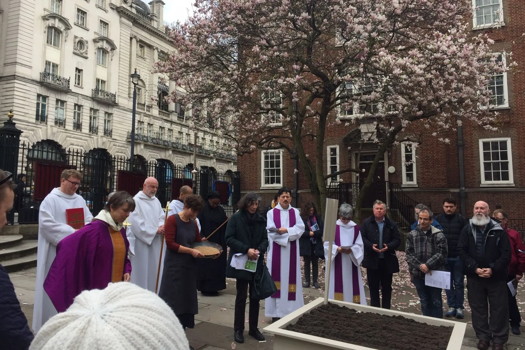 Clergy wearing purple and white vestments are standing in the St James Church courtyard, gathered around a large planter. The priests standing in the centre with her hands open in blessing. Congregation members stand holding service sheets.  
