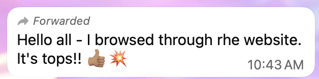 Text message reading: 'Hello all - I browsed through rhe website. It's tops!! 👍 💥'