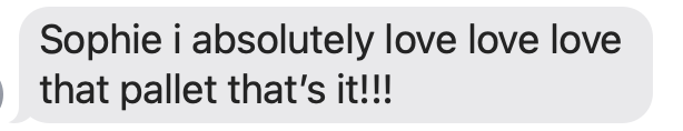 Text message saying 'Sophie I absolutely love love love that pallet that's it!!!'