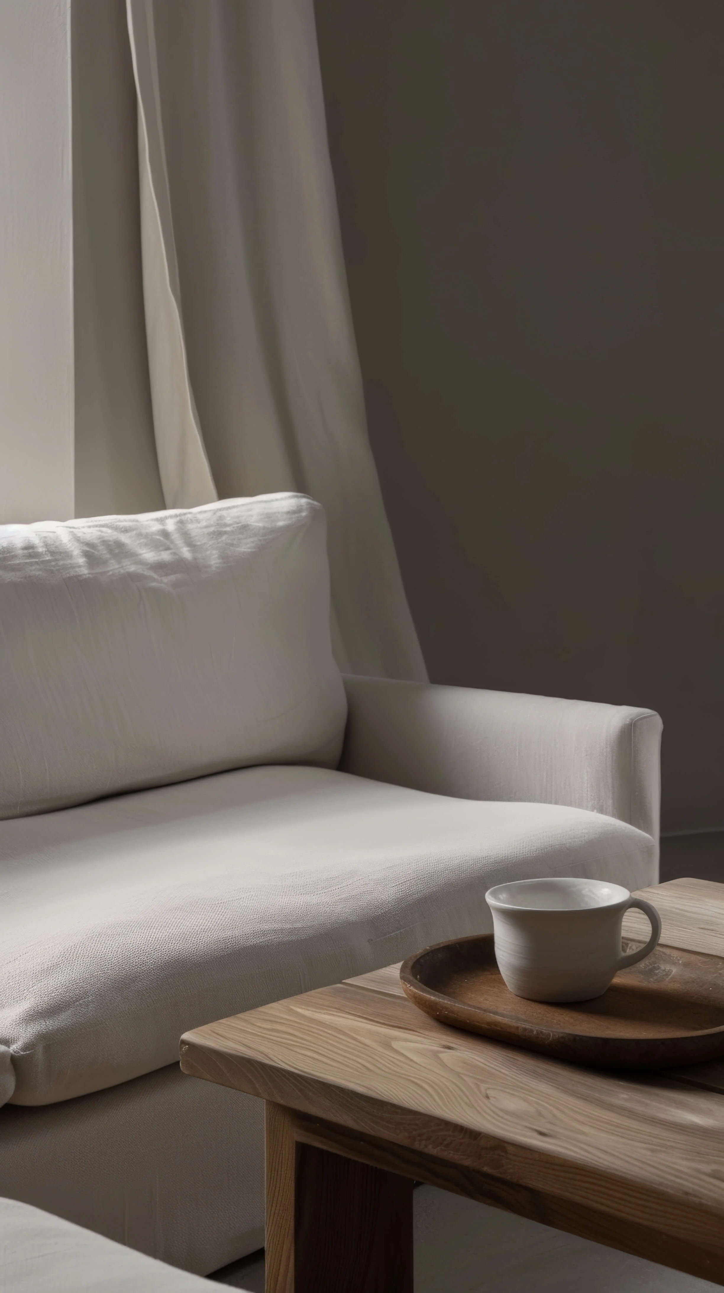 Living room with a beige sofa, a wooden coffee table holding a ceramic cup on a wooden tray, beige curtains, and a dark wall.