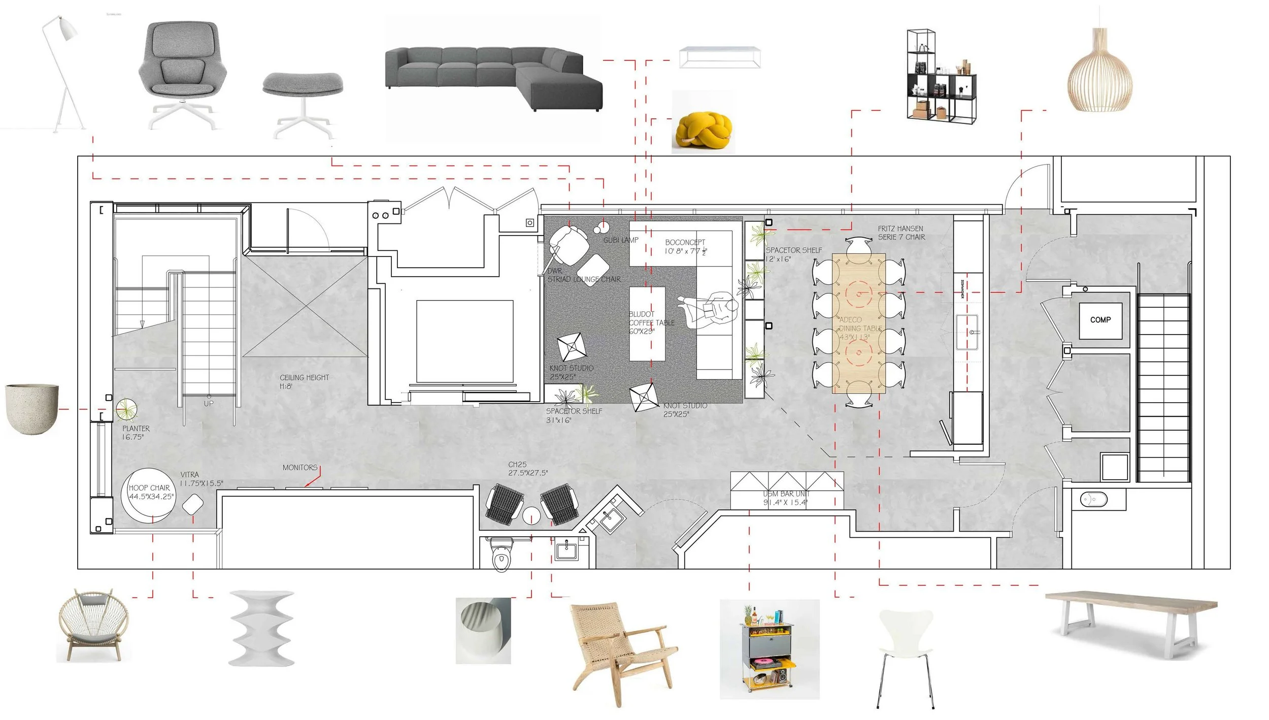 Floor plan of a home layout with various furniture and decor items depicted around the plan, including chairs, shelves, lamps, and decorative objects.