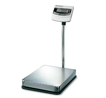 Digital weighing scale with a stainless steel platform and a display screen on a pole.