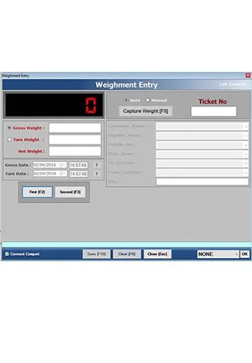Weight entry screen with fields for gross weight, tare weight, net weight, date and time, and buttons for first, second, save, clear, and OK, with a digital display showing zero.