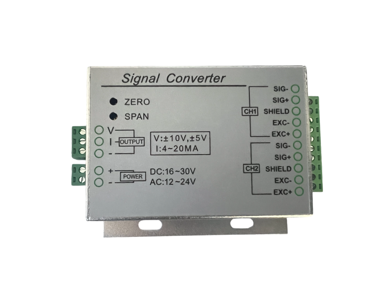 A metallic signal converter device with labeled connections, switches, and input/output specifications.