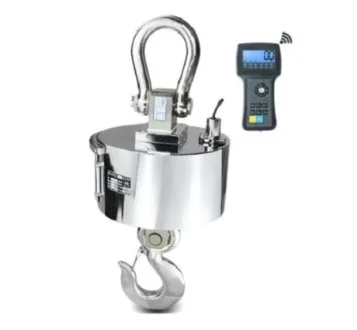 A digital crane scale with a display screen and remote control.