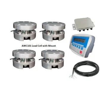 Four load cells with mounts, an electronic display unit, a small metallic enclosure, and a connecting cable.