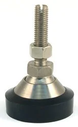 A metal adjustable furniture glide with a screw thread and a rubber bottom.