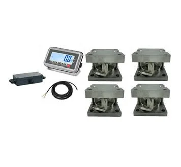 A digital weighing scale, four metal weighing platforms, a black power adapter, and a black electrical cord.