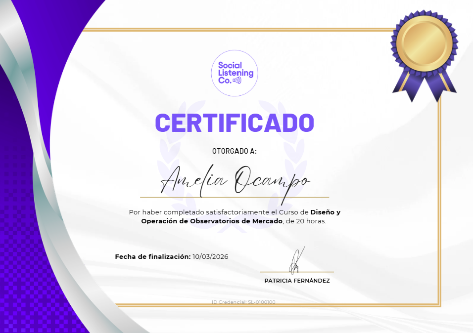Certificado de culminación de curso de social listening, con una duración de 20 horas.