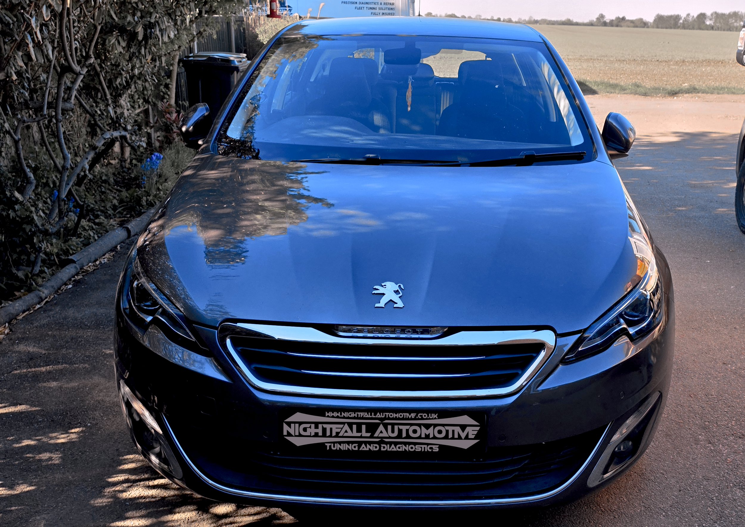 Front view of a black Peugeot car parked outdoors with a reflection of trees and sky on the windshield. There is a sticker at the bottom that says 'Nightfall Automotive Tuning and Diagnostics.'
