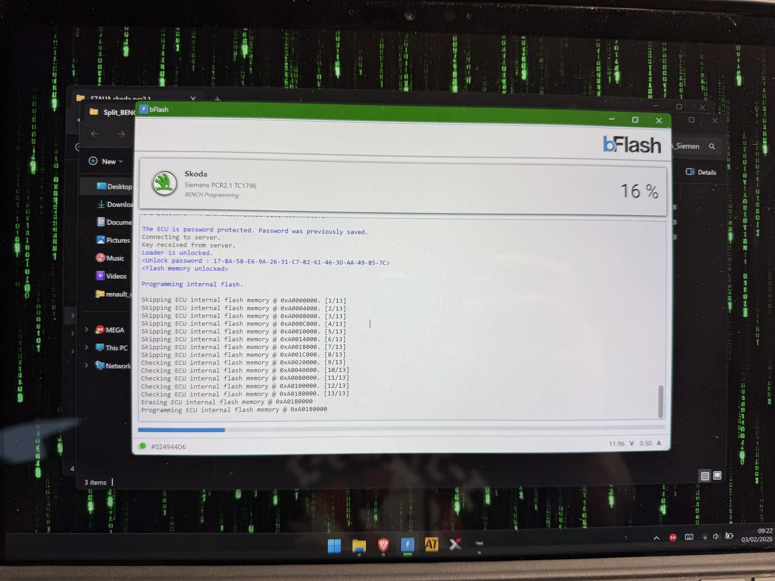 Computer monitor displaying a software program for ECU programming, with green binary code in the background.