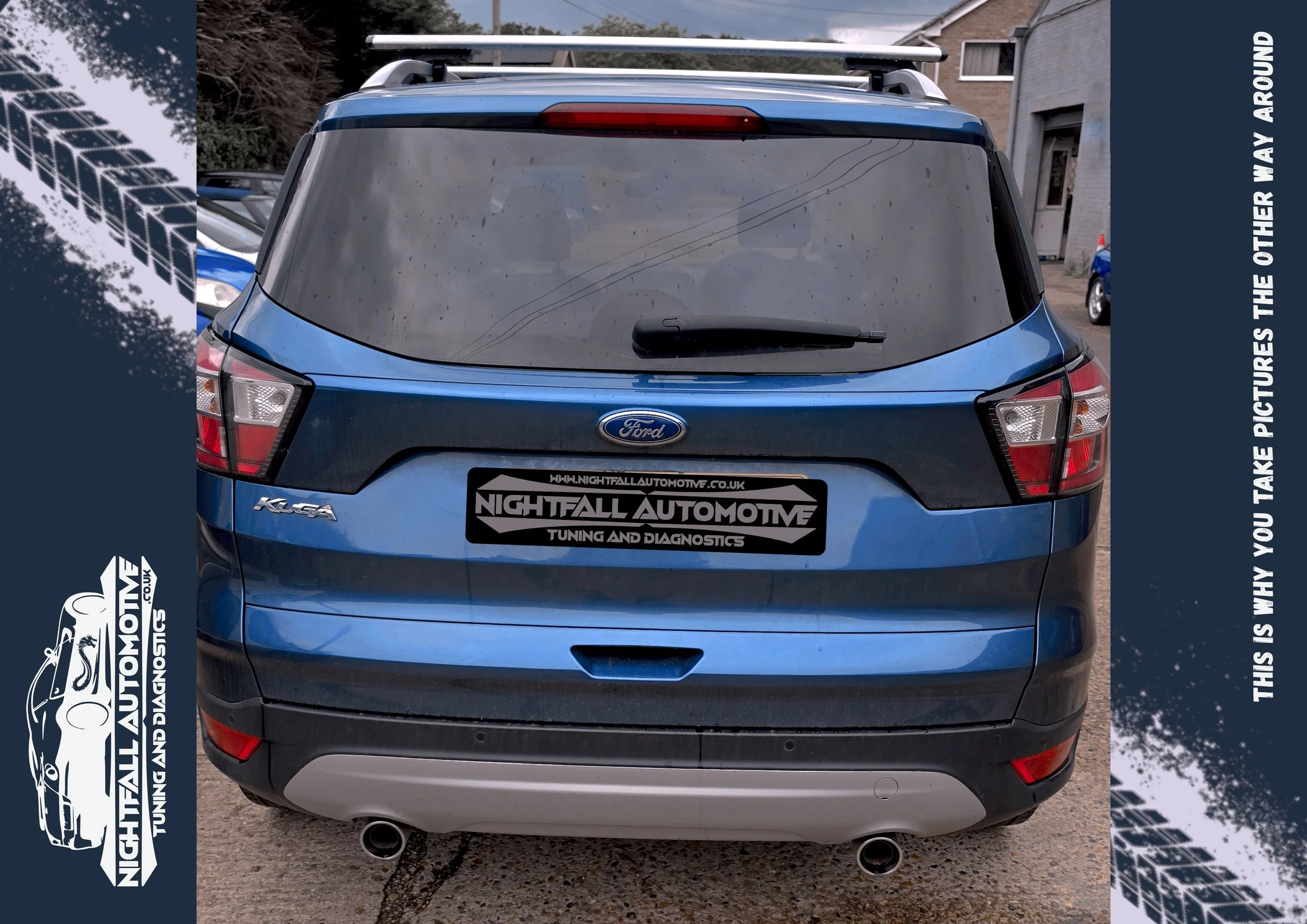 Rear view of a blue Ford Kuga SUV with a 'NIGHTFALL AUTOMOTIVE' tuning and diagnostics dealership sticker on the back. tuned by Nightfall Automotive