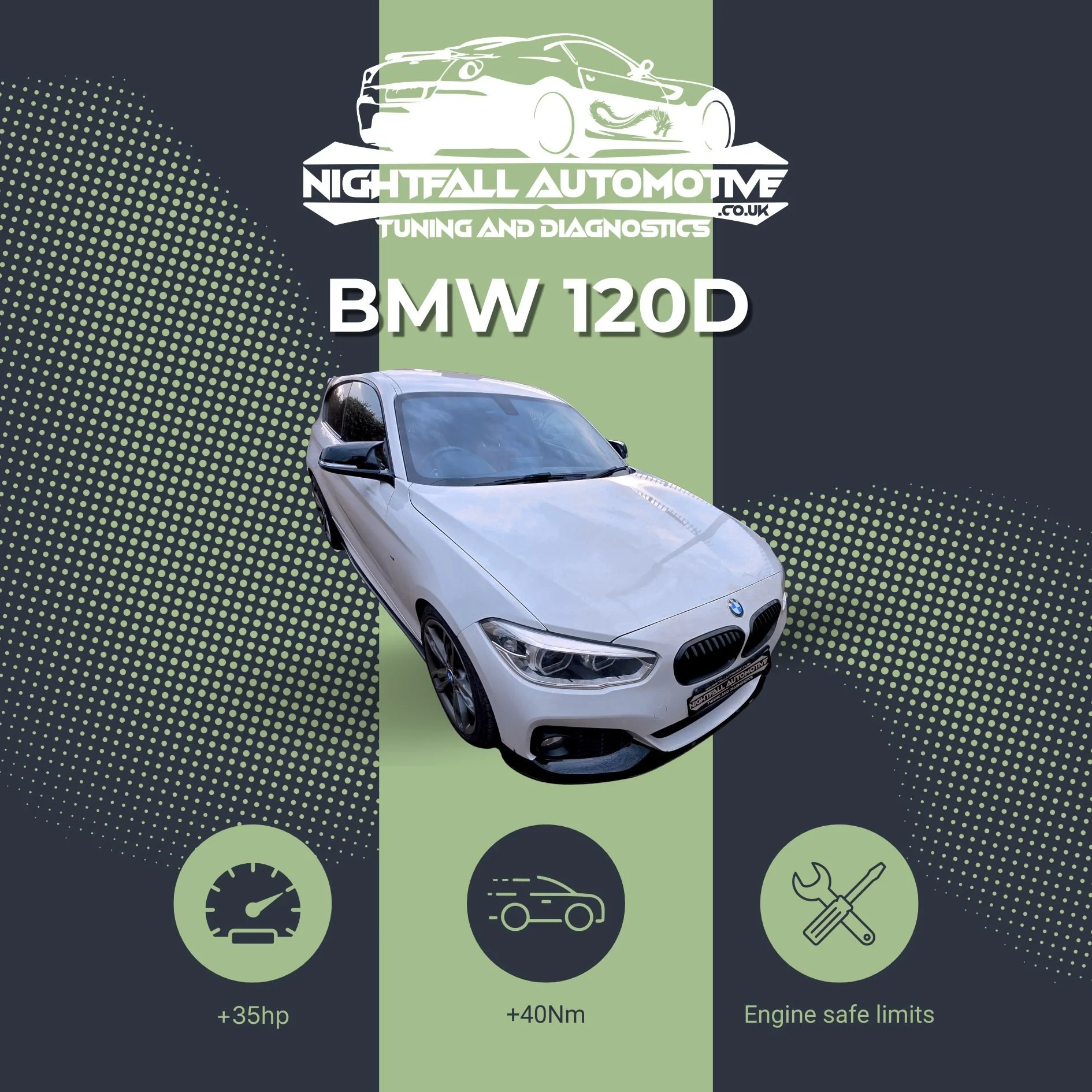 A digital graphic design promotes a BMW 120D vehicle tuning and diagnostics service by Nightfall Automotive. It features a stylized outline of a car at the top, the company's logo and URL, 
 and an actual silver BMW 120D at the bottom part of the ima