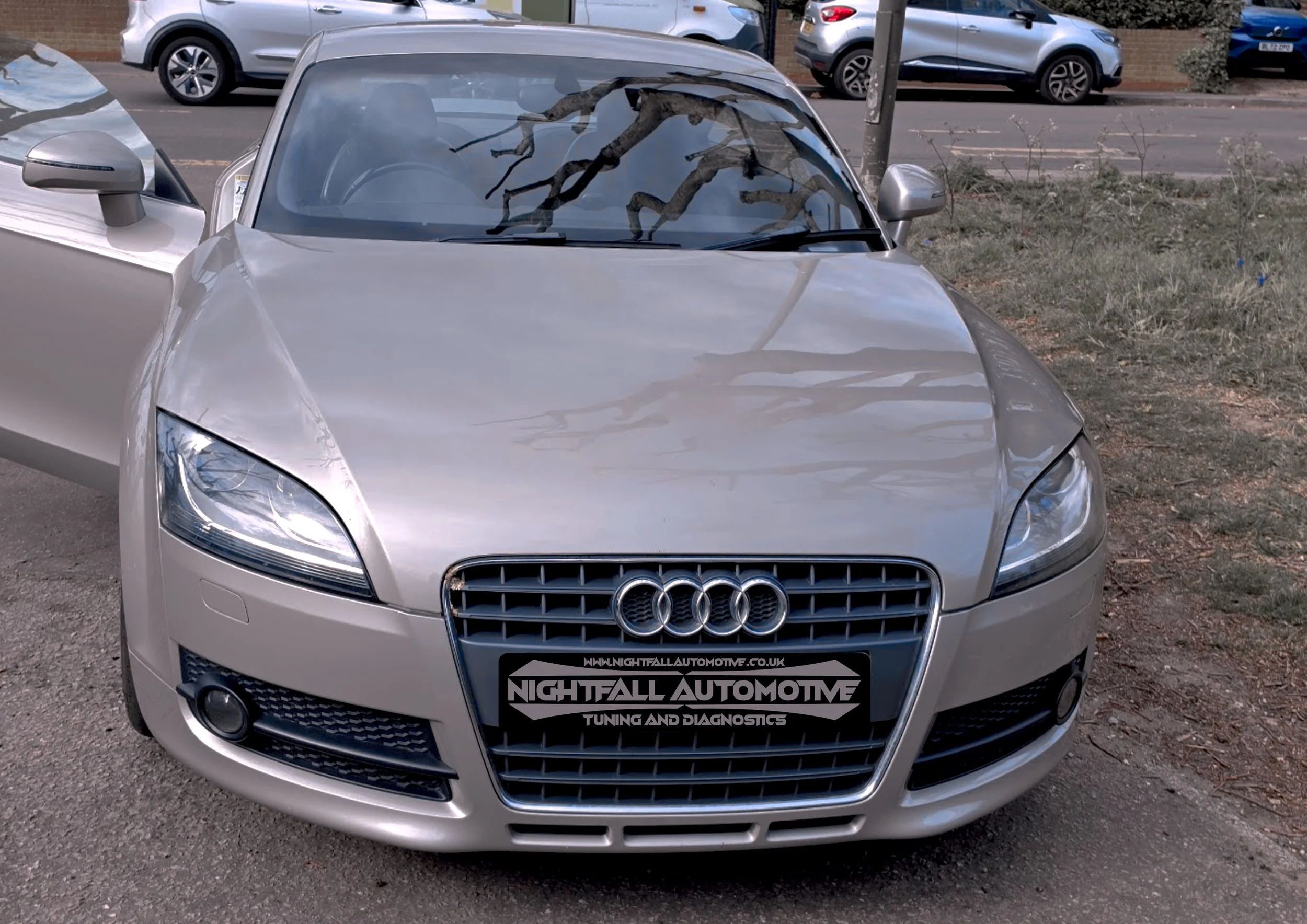 Silver Audi car parked outdoors with other vehicles in the background, and a tree branch reflected on the windshield.