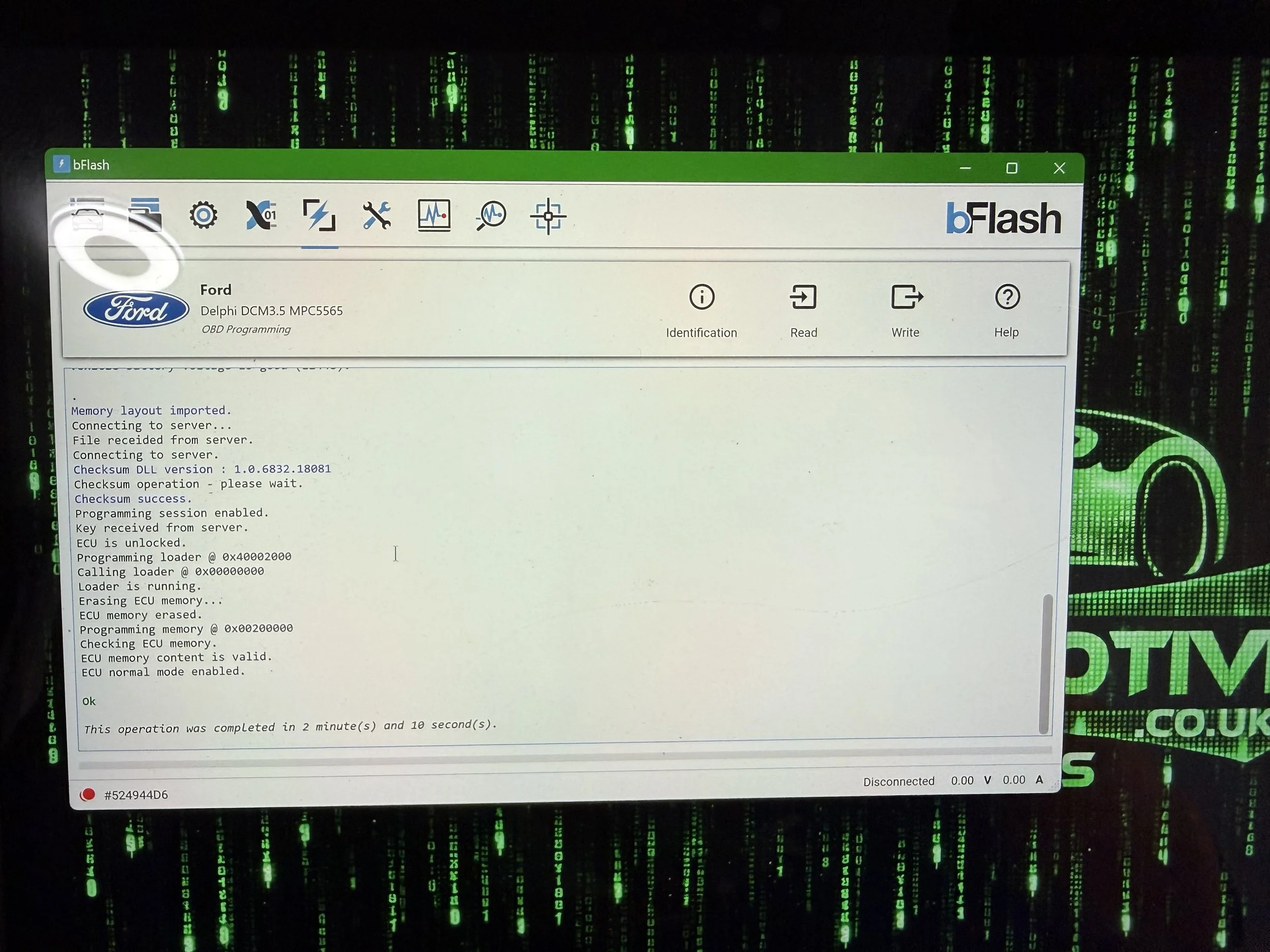 Computer screen displaying a bFlash software window with a green header, showing diagnostic and programming operations for a Ford vehicle ECU, over a black background with green digital code.