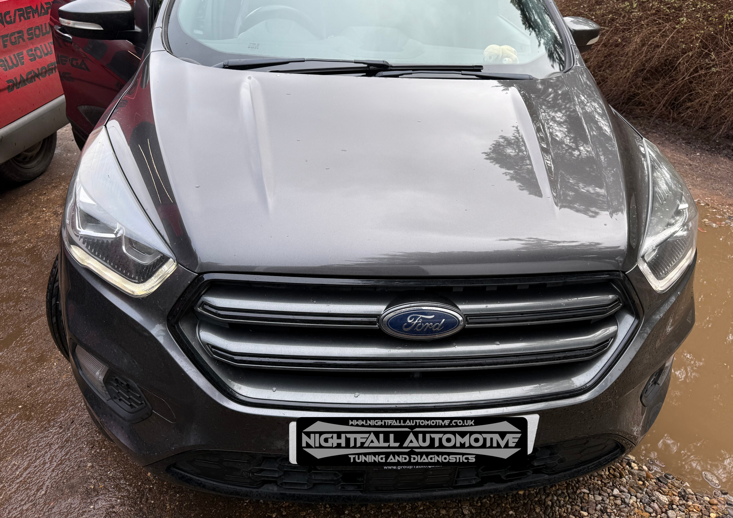 Front view of a gray Ford car with a black grille and headlights, parked on a muddy surface with brown water puddles, and a red vehicle partially visible on the left.