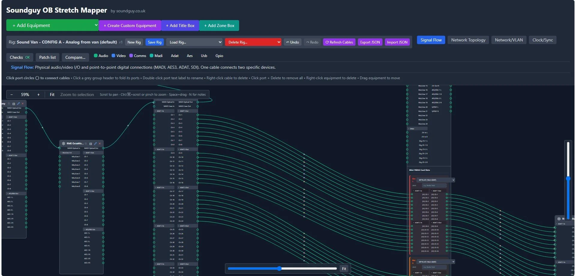 zoomed in Outside broadcast sound rig planned in the OB Stretch Mapper, RME pres patched to a Yamaha DM2000