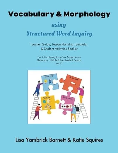 Cover image of Vocabulary and Morphology Using Structured Word Inquiry by Lisa Yambrick Barnett and Katie Squires, including an image of four puzzle pieces labelled as Meaning, Structure, Relatives and Graphemes