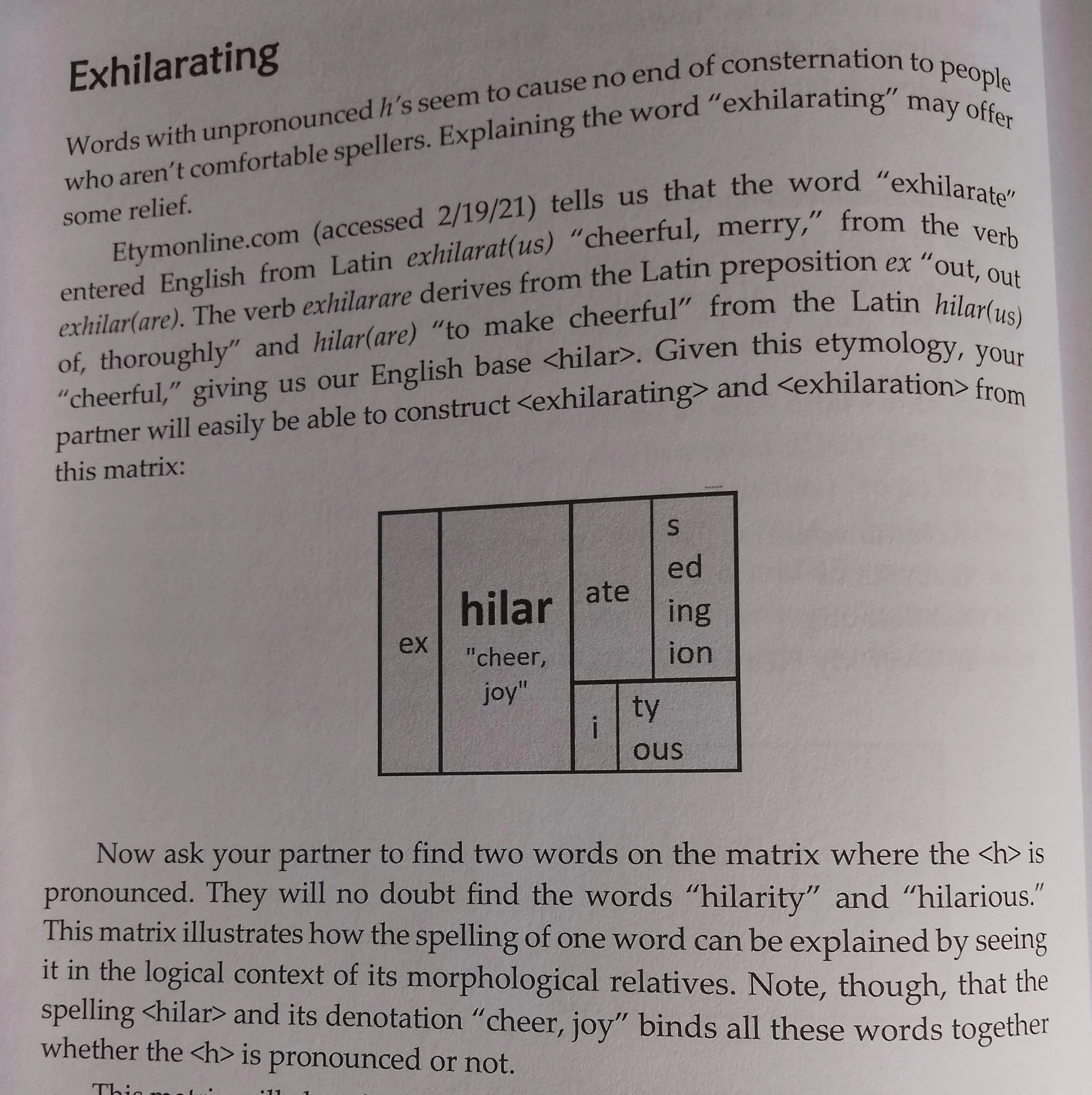An example page showing the morphological matrix for the base <hilar>.