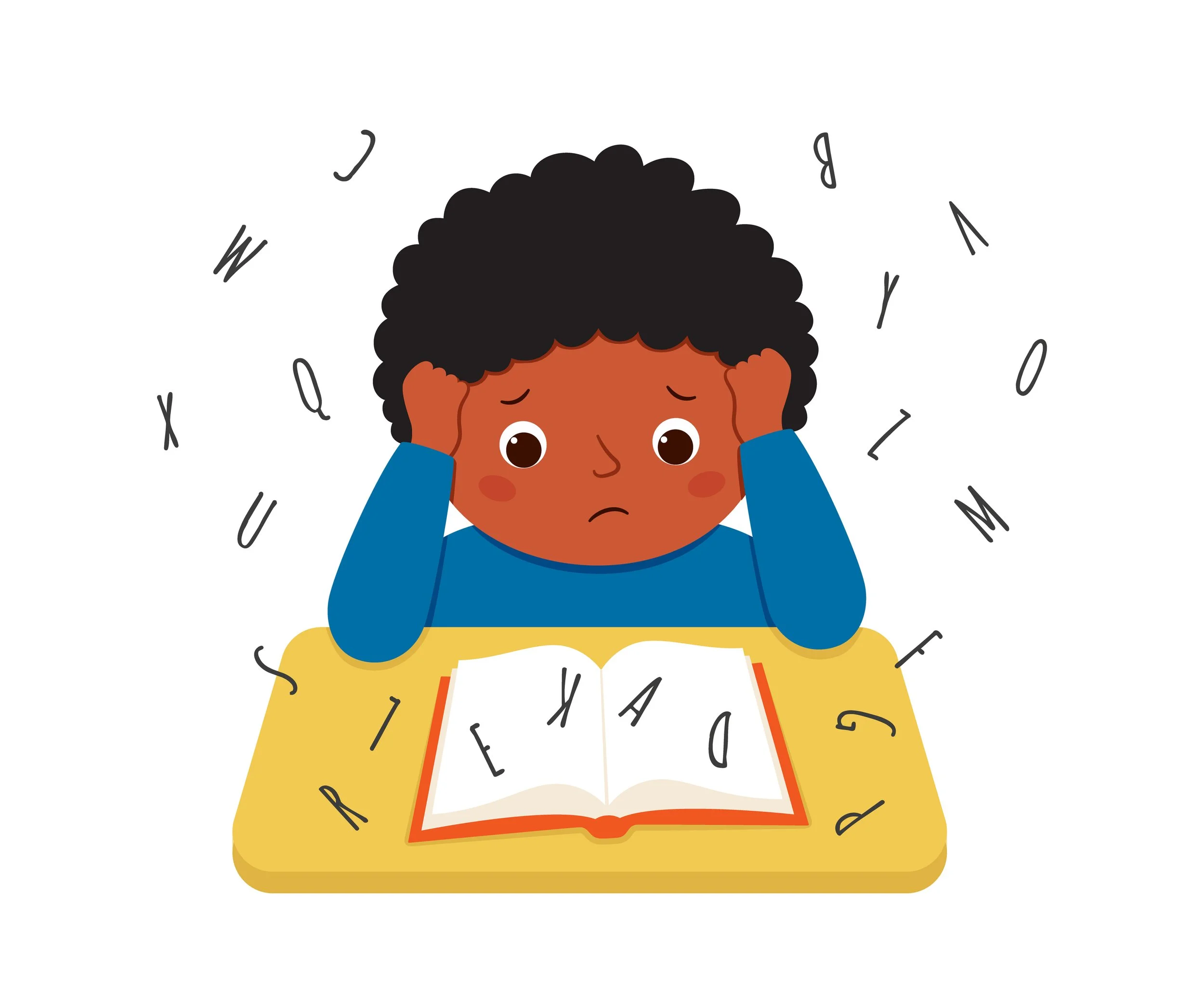 Child trying to read why jumbled letters fly around his head