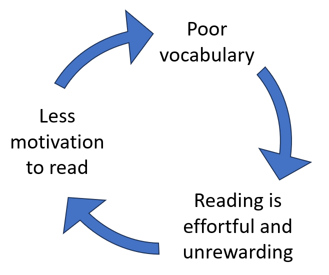 Three arrows go around in a circle so that 'poor vocabulary' points to 'reading is effortful and unrewarding' points to 'less motivation to read', which points back to 'poor vocabulary'.