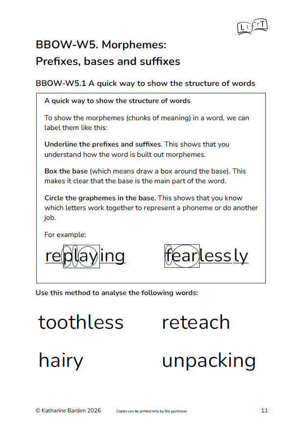 A worksheet that describes how to annotate words by underlining affixes, box the base and circle graphemes in the base.