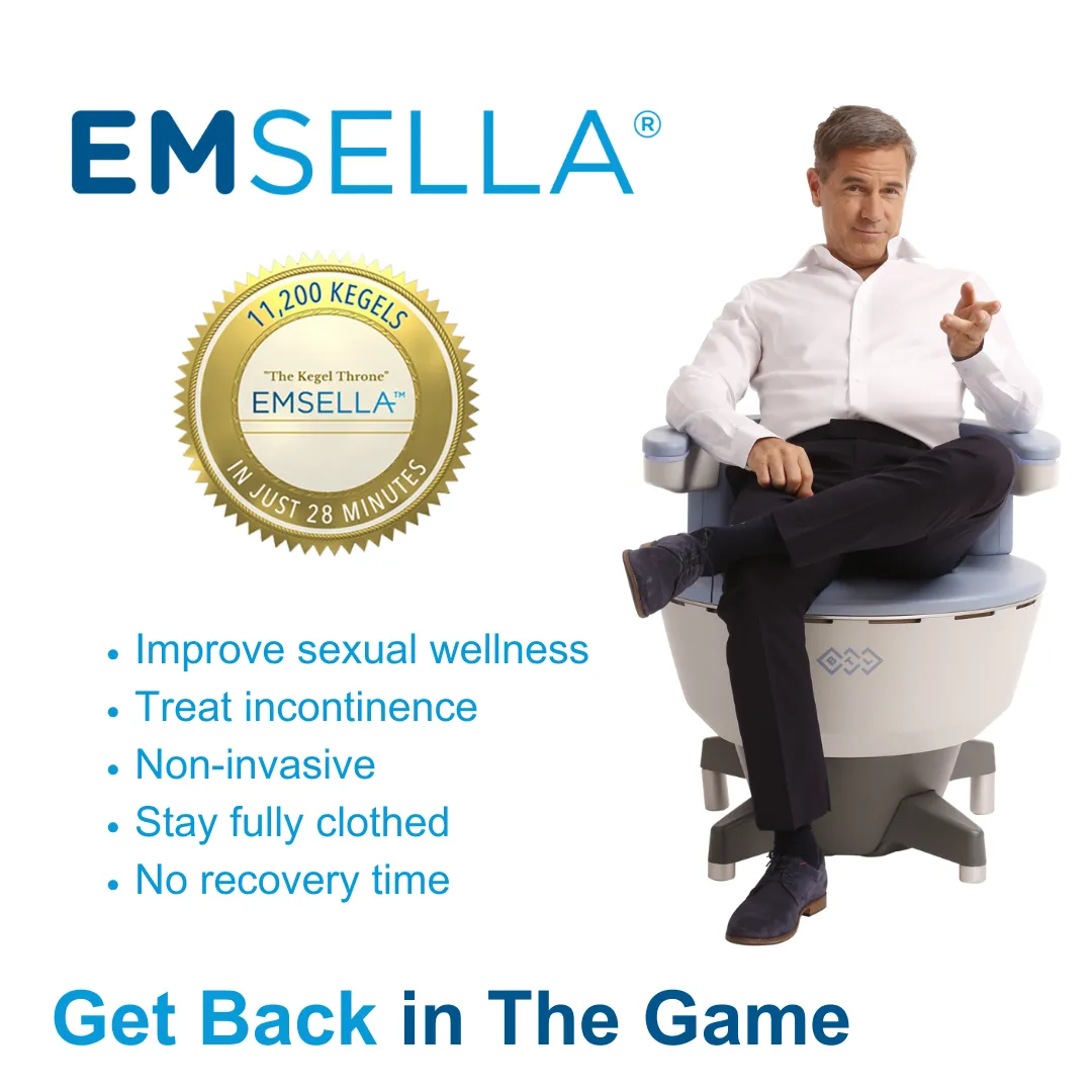 Packaging for Emsella, a device used to improve sexual wellness and treat incontinence, featuring a man sitting on the device with a confident pose, and bullet points highlighting its benefits such as non-invasiveness and no recovery time.