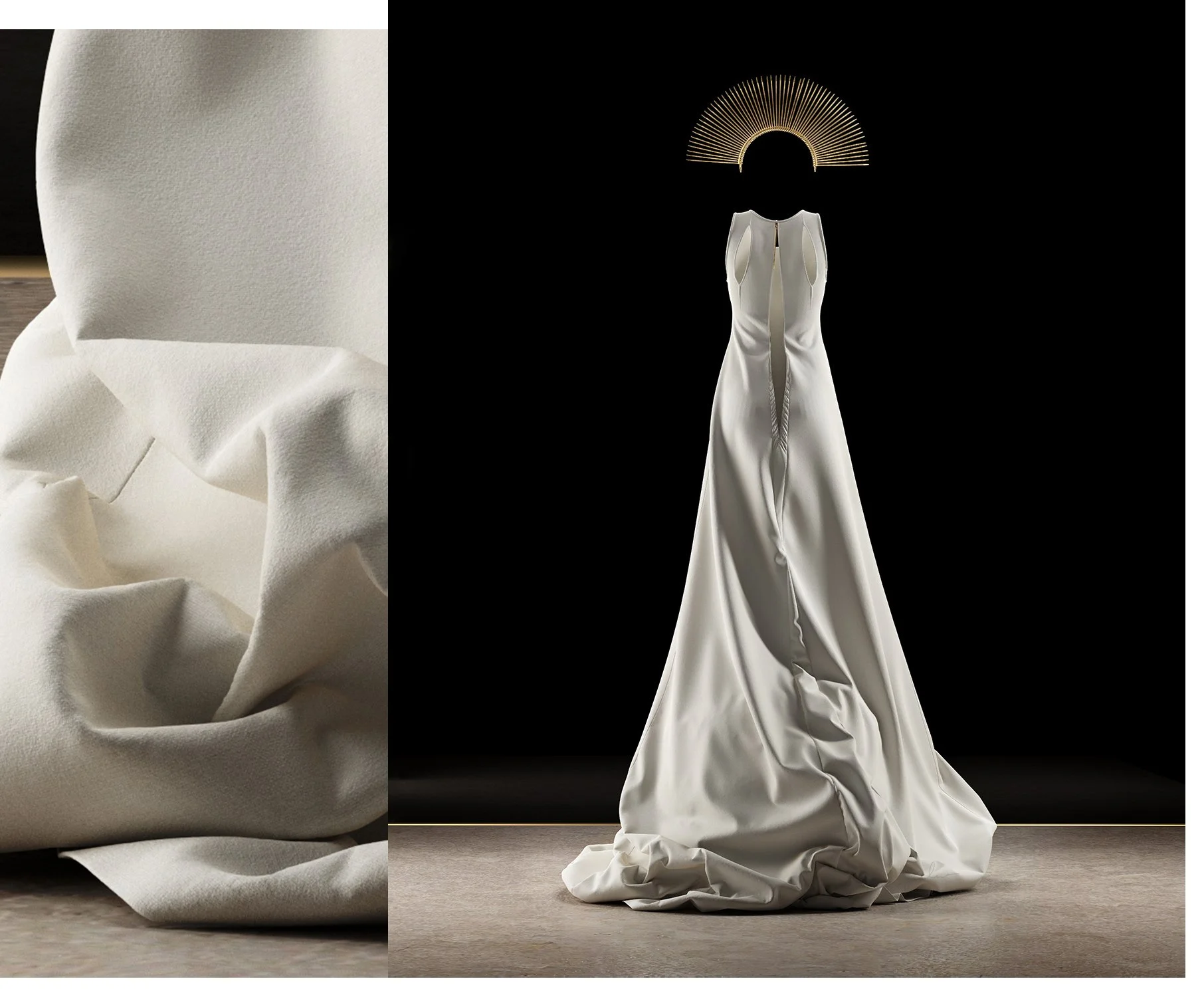 Image of a crumpled white fabric on the left and a white satin dress with a textured headpiece on a black background on the right.