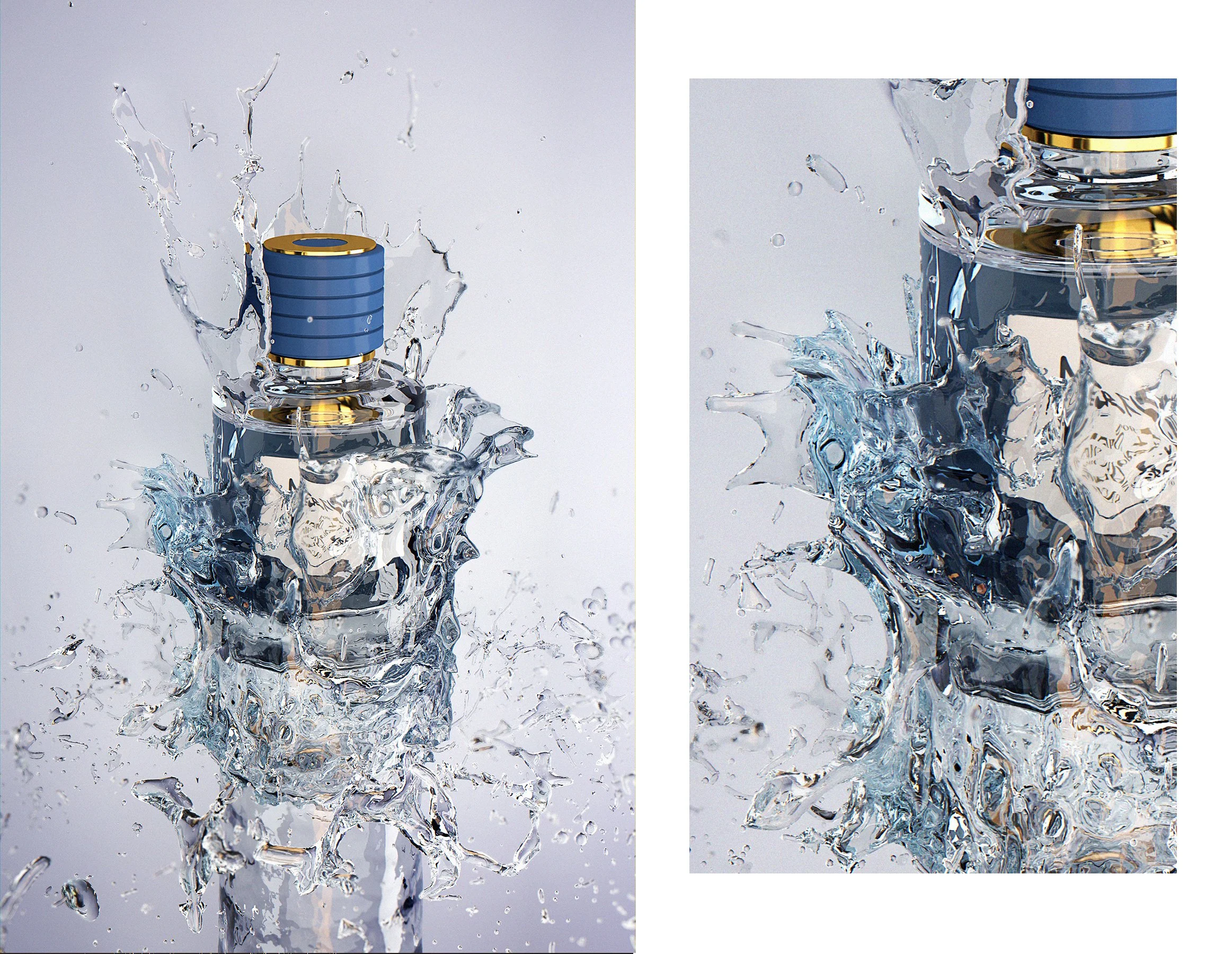 A perfume bottle surrounded by splashing water and ice, with a light background.