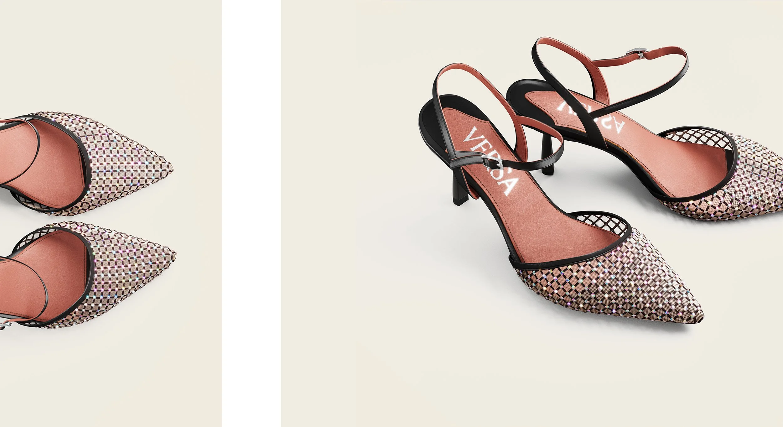 Pair of pointed-toe patterned high-heeled shoes with ankle straps and lattice-like design on the toe area, displayed on a plain background.