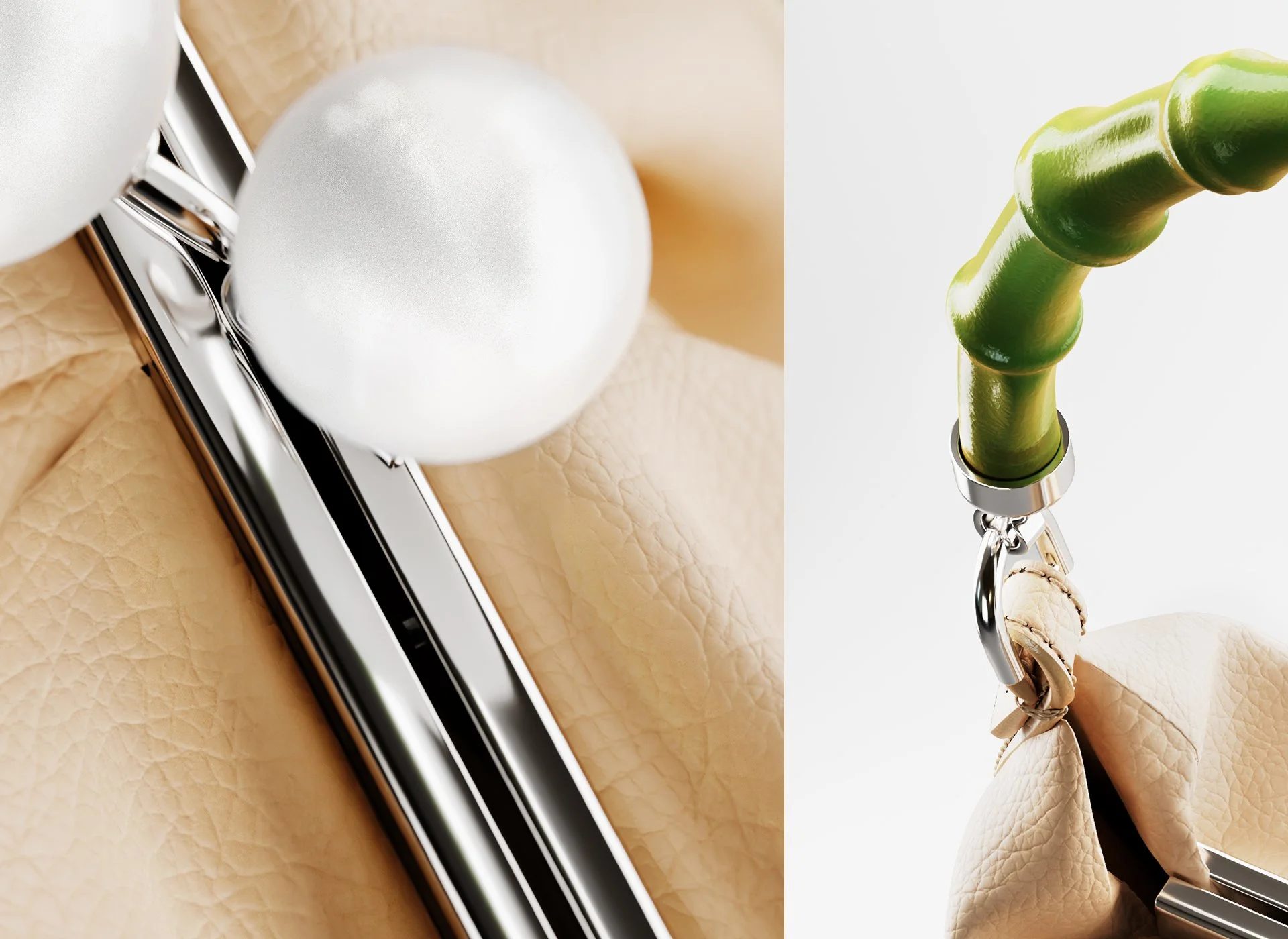 Close-up of a designer handbag with metallic hardware, featuring a green bamboo handle and beige leather, set against a plain background.