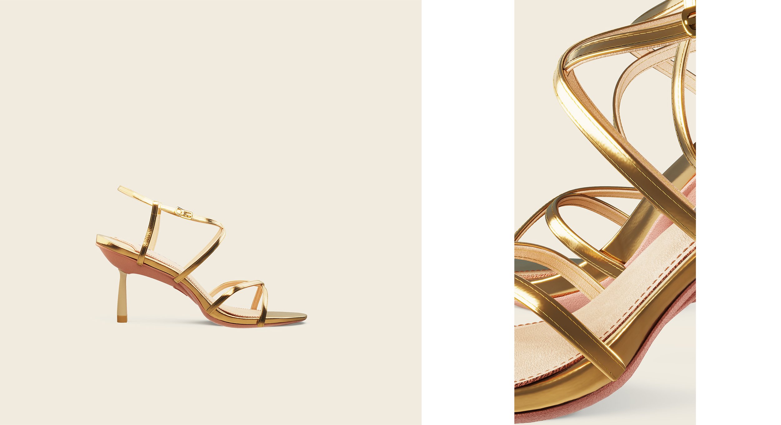 Golden high-heeled sandal with thin straps, displayed against a light background