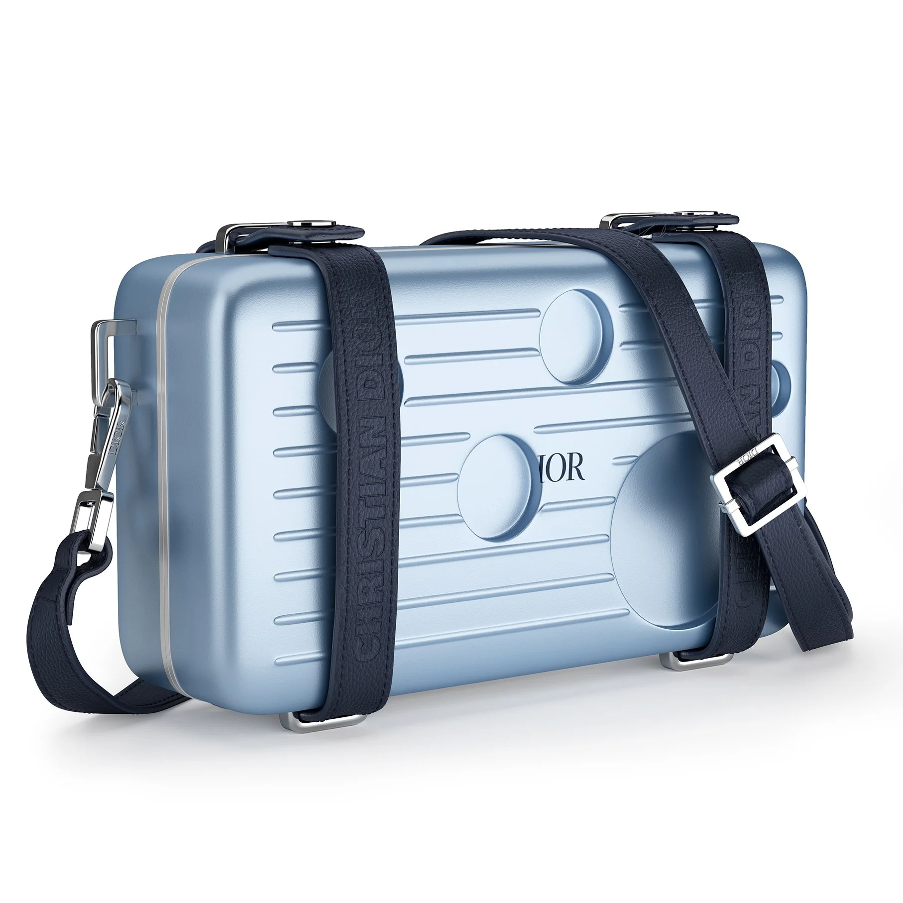 A Dior mini suitcase with a metallic blue finish and black straps.