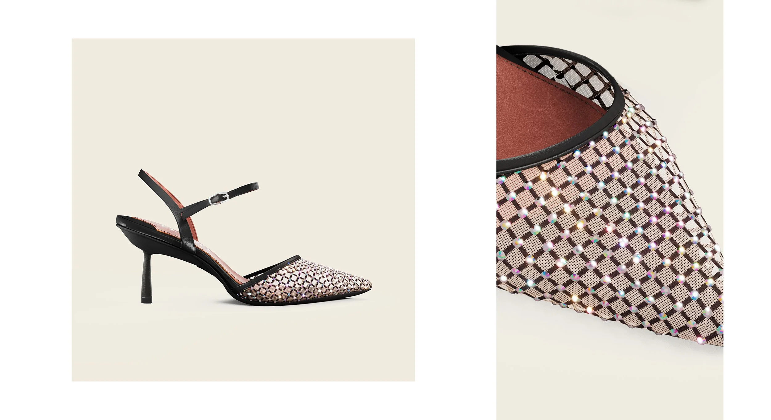 Close-up of a high-heeled women's shoe with a pointed toe, black ankle strap, and a pink, black, and cream patterned surface decorated with small shiny rhinestones, and a beige background.