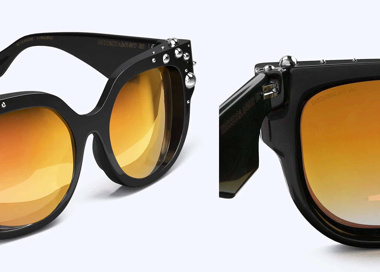 Close-up of black sunglasses with orange-reflective lenses, featuring decorative metal studs on the frame and the hinge area.