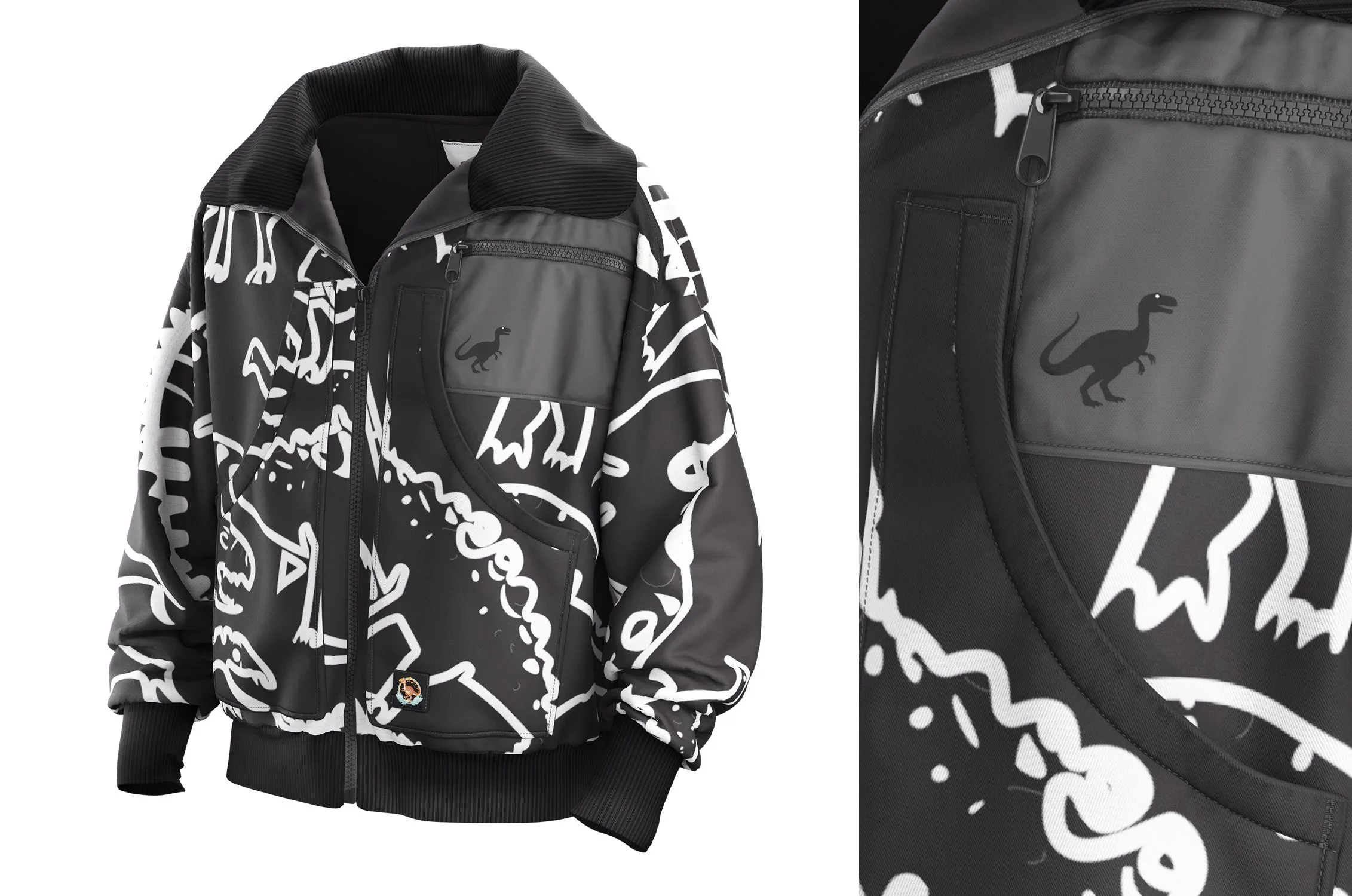 A black jacket with white dinosaur patterns, featuring a gray chest pocket with a black dinosaur logo, black zipper, and ribbed collar, cuffs, and hem.
